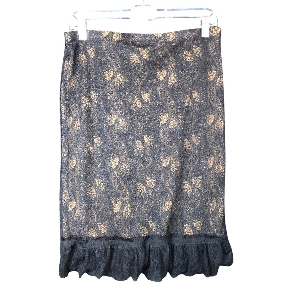 Express Womens Skirt Black Gold Pull On Lined Floral Lace Ruffle Small